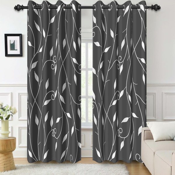 Grey Blackout Curtains for Bedroom, Leaf Print Window Curtains 84