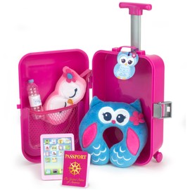 Sophia's Travel Accessories Plus Suitcase Set with Sleeping Mask, Neck Pillow, Tablet, Passport, Luggage Tag and Water Bottle for 18" Dolls, Pink/Blue