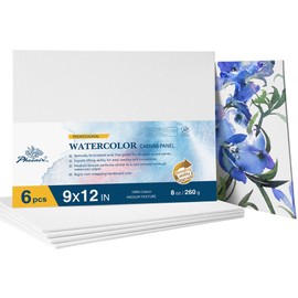 PHOENIX Watercolor Canvas Boards for Painting - 9x12 Inch/6 Pack, 100% Cotton Water Color Canvas Panels, 8 Oz. / 260g White Blank Medium Texture Flat Canvases for Water Based Paints
