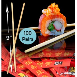 Individually Wrapped, Disposable 9 in Bamboo Chopsticks 100 Pk. Sleeved and Separated for Use in Chinese, Hibachi or Asian Restaurants. Splinter-Free Wrapped to Include with Carryout, Togo and Takeout