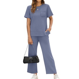 OFEEFAN Travel Outfits for Women Casual Summer 2 Piece Lounge Set Spring Trendy Short Sleeve Tracksuit Wide Leg Loungewear Beach Vacation Clothes Airport Clothing Women's Jumpsuit Blue XXL