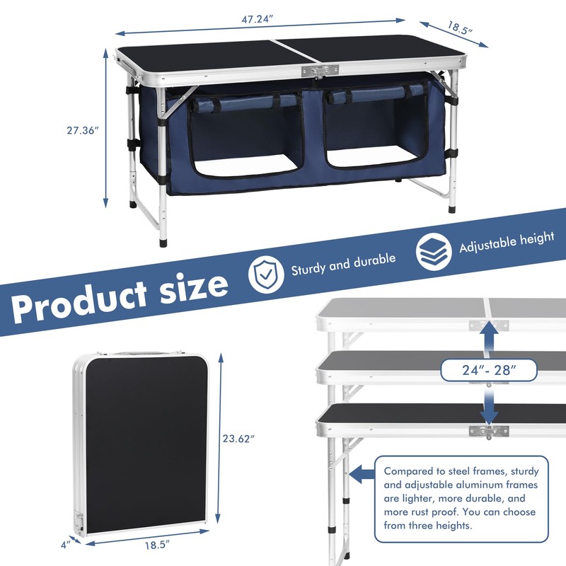 Camp Field Camping Folding Aluminum Table with Adjustable Legs for