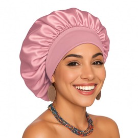CGFOXUO Silk Bonnet for Sleeping Women Men - Double Layer Satin Sleep Cap for Curly Natural Large Hair, Non-Slip Elastic Hair Bonnet Wrap for Long Braids Frizz Control - Soft Night Cap, Pink