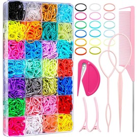 32 Colors Girls Hair Ties Set, Qtopun 2000 pcs Mini Non-Slip Elastic Hair Rubber Bands with 6 Packs Hair Tools Comb Elastic Cutter Hair Styling Tools - Pink