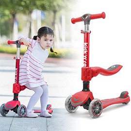 Kicknroll Scooter for Kids, 3 Light Up Wheel with Seat Toddler Scooter for Children, Extra-Wide Deck and 4-Height Adjustable Scooter for 3-12 Years Old (Red)