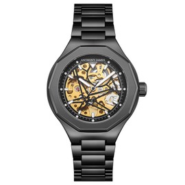 Anthony James Skeleton Sports Automatic Wrist Watches Men - Hand Assembled Water & Scratch Resistant Analogue Watch with Split Second Counter - Analogue Watches Men, Skeleton Sports Black, Bracelet