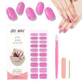 WOKOTO Semi Cured Gel Nail Strips, Shiny Pink Cat Eye Gel Nail Polish Stickers Full Wraps for Women, Easy to Apply&Remove, Nail Polish Strips with Nail File & Wood Stick (UV/Led Lamp Required)