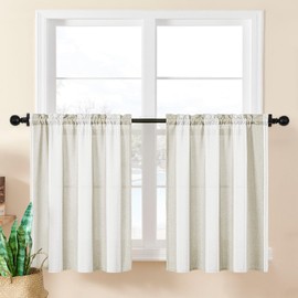 Home Queen Kitchen Curtains 24 Inch Length Short Boho Striped Linen Cafe Curtains for Living Room Bedroom Bathroom Farmhouse Light Filtering Tier Curtains Set of 2, Natural and Khaki