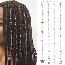 FRESHME Hair Charms for Braids - 4PCS Long Colorful Natural Stone Dreadlock Loc Jewelry with Sun Moon Pendants Hair Chain Hair Cuffs Ring for Parties Dress Up Renaissance Accerssories