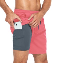 American Trends Men's Swim Trunks 5 Inch Inseam Beach Shorts with Pockets Mens Swimming Trunks with Compression Liner Pink M