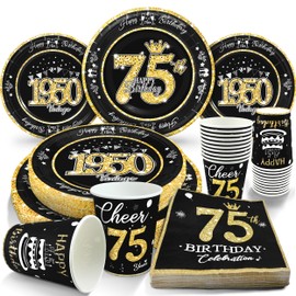 algpty 75th Birthday Decorations Plates and Napkins Black and Gold, Service for 30, Vintage 1950 Birthday Party Bundle Includes Black Gold Plates, Napkins, Cups 75th Birthday Supplies for Men Women