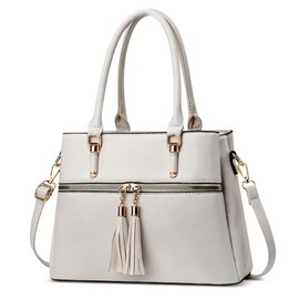 FOLOVEYA Fashion Handbags for Women with Tassels PU Leather Crossbody Bag Elegant Shoulder Bag Trendy Tote Bag with Zipper Ladies Top Handle Bag for Work Shopping Party White