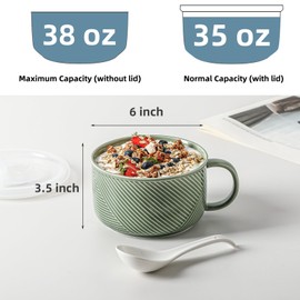 Adewnest Ceramic Soup Bowls with Lids: 38 Ounce Extra Large Soup Mug with Handle & Spoon - Oversized Microwave Ramen Bowl Set of 2, 6 Inch, Green & White