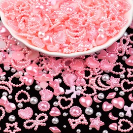 1200Pcs 3D Multi Shapes Nail Charms and Flatback Pearls, Pink&White Mix Styles Heart Star Bow Sunflower Embellishments for Nail Art, Craft and Decoration with Tweezer and Pickup Pencil