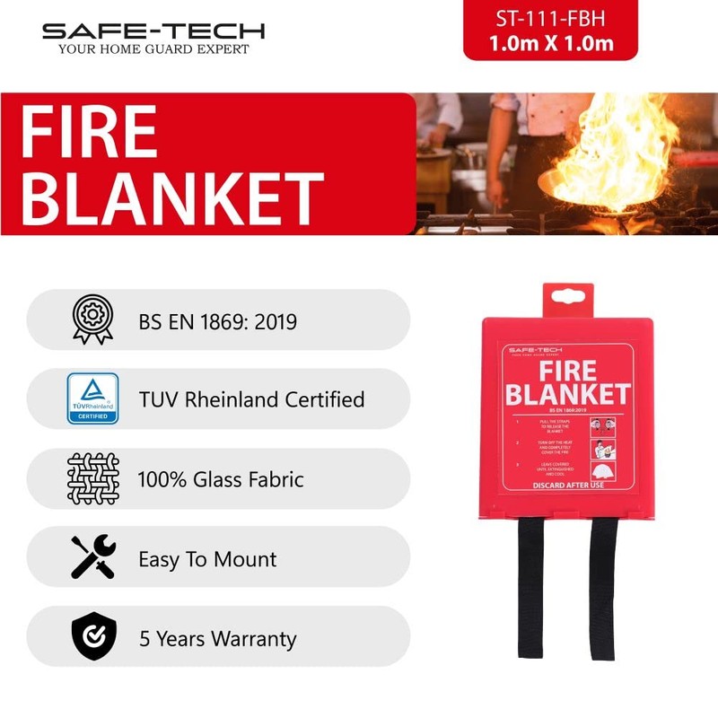 SAFETECH Fire Blanket Emergency for Kitchen,1m x 1m Safety Blanket
