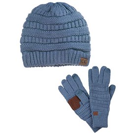 C.C Unisex Soft Stretch Cable Knit Beanie and Anti-Slip Touchscreen Gloves 2 Pc Set, Dark Denim