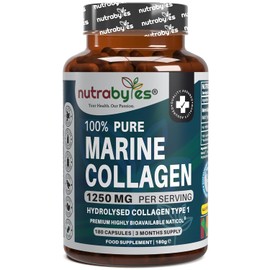 Nutrabytes 100% Pure Marine Collagen Supplement, 1,250mg (180 Capsules) | Type 1 Hydrolysed Collagen Peptides for Skin, Hair, Nails & Joints | Supplement for Men and Women | 3 Month Supply