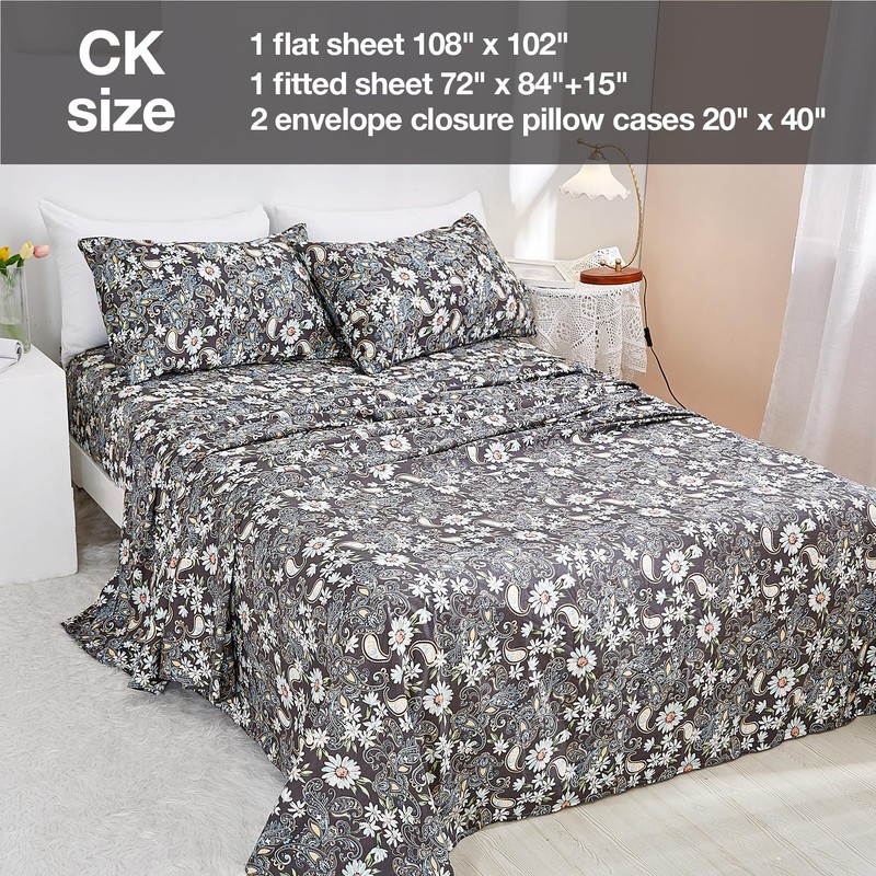 JSD Black Paisley Floral Printed Sheet Set Cal King, 4