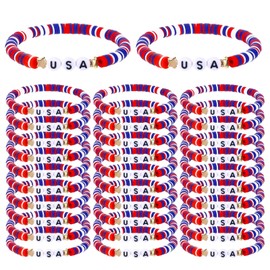 Mowouhn 30 Pcs USA Bracelets Bulk 4th of July American Flag Red White and Blue Inspirational Wristband Polymer Clay Beaded Bracelets for Women Independence Day Veteran Day Gift Party Supplies