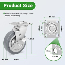 Nefish 6 Inch Heavy Duty Casters Wheels, Industrial Grade Thermoplastic Rubber Casters with Brake 4500 LBS, Ball Bearing Plate Swivel Castors Set of 4, Casters Wheels for Equipment, Industrial