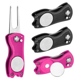 PATIKIL Golf Divot Repair Tool, 4 Pack Foldable Metal Golf Green Divot Tool with Magnetic Ball Marker & Stainless Steel Fork for Golfer, Black/Fuchsia