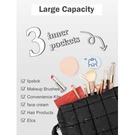 Dulayoo Quilted Makeup Bag Cosmetic Bag, Travel Toiletry Bag for Women, Cute Makeup Bag Organizer Puffer Pouch Black A