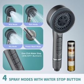 Firesandrox Filtered Shower Head, High Pressure, 4 Adjustable Spray Modes, ON/OFF Button, Replaceable Filter for Hard Water Softening, Chlorine Removal, Massaging Shower Head (Black)