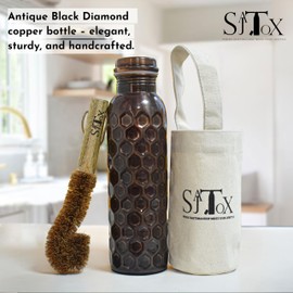 SAJTOX 32oz Antique Black Diamond Large Pure Clear Copper Water Bottle Leak Proof Travel Big Size Water Bottles for Drinking Water & Ayurvedic Health benefits With Canvas Bag & Bottle Cleaner Brush