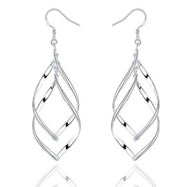 Double Twisted Linear Drop Statement Earrings Sterling Silver Dangle Earrings for Women Marquise Loops French Wire Drop Dangle Earrings for Women Anniversary Birthday Gifts (Leaf)