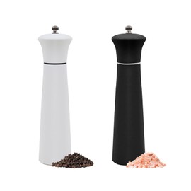 ManGotree Wooden Salt & Pepper Mill Set, Adjustable Coarseness Pepper and Salt Grinder Set, Refillable Manual Pepper Grinder, Oak Wood Salt Mill for Kitchen, 8.5 Inch (Black + White)