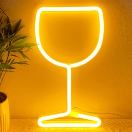 HOHOSIGN Wine Glass Neon Sign Yellow LED Sign Bar Cart Decor Indoor, USB/Battery Operated Neon Light Wine Tasting Party Supplies, Glasses Wine Party Decorations Wine Wall Decor College Apartment Dorm