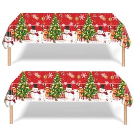 2Pcs Christmas Party Tablecloth Decorations for Xmas Party,Red Elk Snowman Xmas Tree Disposable Party Table Cloth Party Table Covers,Dining Tablecover for Winter Holiday Christmas Picnic Party Decor