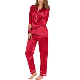SWOMOG Pajamas Set Long Sleeve Sleepwear Womens Button Down Nightwear Soft Pj Lounge Red