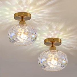Luafac Vintage Glass Flush Mount Ceiling Light - 2 Pack，7.9 Inch Rainbow Hammered Glass Hallway Light fixtures Ceiling, Gold Semi Flush Mount Ceiling Light for entryway Foyer Laundry Room Kitchen