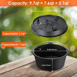 LIFERUN Dutch Oven Pot with Lid, 9.7 Quart Cast Iron Dutch oven, with Lid Lifter Handle & Stand and Dual Function Lid Griddle for Home Cooking BBQ Baking