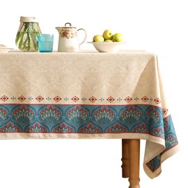 bilin gaier Vintage Linen Beige Rectangular Tablecloth,Indian Wrinkle Resistant Table Cloth with Peacock Feather Pattern,Decor Table Cover for Kitchen,Dining,Tea Party,Home,Christmas,63"*87"