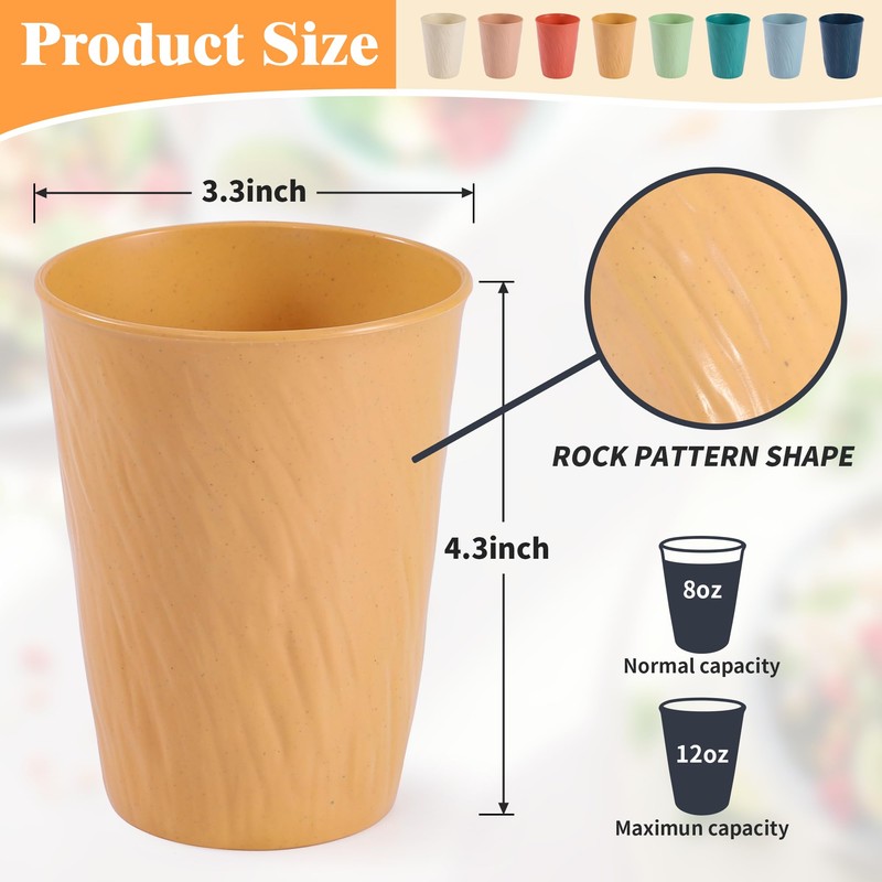 becutlery Wheat Straw Unbreakable Cup, Reusable 12oz 8Pcs Water Glasses