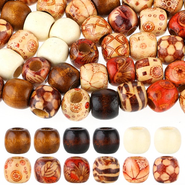 Pack of 300 Wooden Beads, Painted Wooden Beads with Large Hole, Natural Wooden Balls, Craft Beads for Threading, Various Patterns Beads, Balls, Spacer Beads for DIY Necklace, Bracelet, Hair