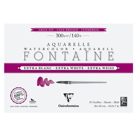 Clairefontaine Fontaine 976039C Watercolour Paper Extra White Fine-Grained 4-Sided Glued 15 Sheets 300 g 26 x 18 cm Pack of 1