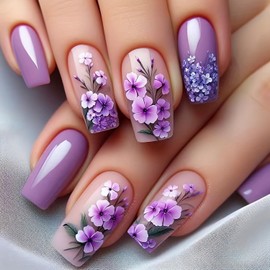 24 Pcs Flower Press on Nails Medium Length Square Shaped False Nails Glossy Purple Fake Nails with Floral Designs Acrylic Nails Full Cover Stick on Nails for Women Nails Manicure Decorations