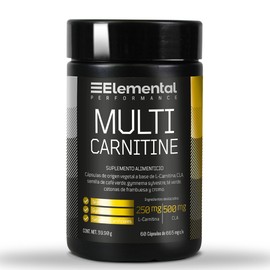Elemental Performance Multi L Carnitine Suplemento en cápsulas 60 Porciones, Mezcla de L-Carnitina, CLA, Té Verde, Café Verde y Extractos Herbales para el Preentrenamiento, Libre de Gluten, Sin Azúcares Añadidos, 39.9g.