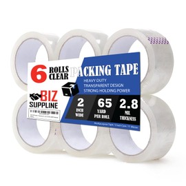 (6 Rolls) Biz SUPPLINE 2" Packing Tape, Designed for Moving, Storage and Packing, Shipping and Mailing, 2-inch Wide X 65 Yards, Clear, Heavy Duty 2.8 MIL BOBP Material