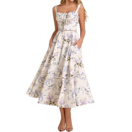 KUTUMAI Floral Corset Midi Dress Lace Up Cutout Flowy Summer Wedding Guest Dresses for Women Sundress with Pockets WhiteLilacFloral XL