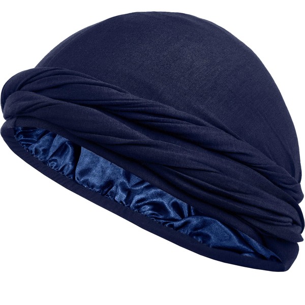 Gorra de calavera preatada con forro de satén de seda para hombres y mujeres, capó para dormir, para quimioterapia, marino, Medium