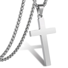 RS Silver Cross Necklace for Men Boys Stainless Steel Cross Pendant Chain 16 Inch Religious Christian Women Girl Jewelry Gift