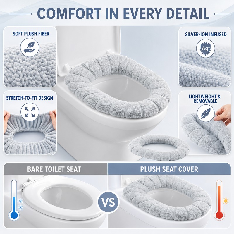 Ag+ Silver Ion Antibacterial Toilet Seat Cover, Universal Stretch-Fit Washable