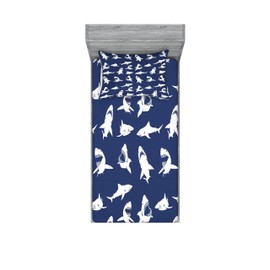 Ambesonne Shark Fitted Sheet & Pillow Sham Set, Fish Pattern Various Gestures Have a Bite Danger Humor Nautical Design, Decorative Printed 2 Piece Bedding Decor Set, Twin, Violet Blue