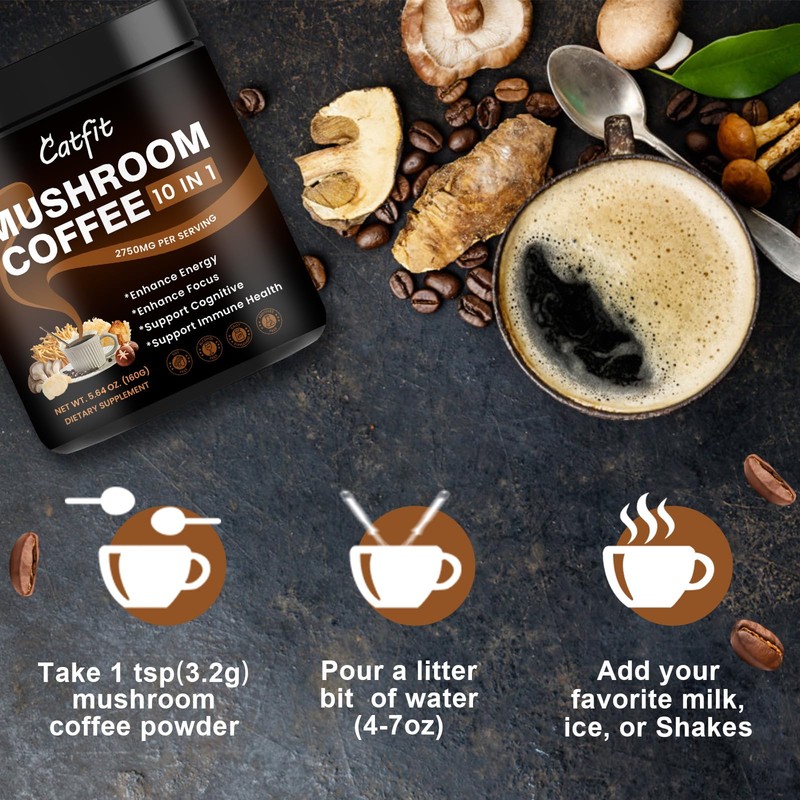 Mushroom Coffee Powder, 10 Mushroom Blend Supplements with Lion's Mane,