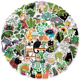 INF Pack of 50 Stickers Cats and Plants Cute Cartoon Black Cat Green Potted Plant Stickers Waterproof Decals for Children, Teenagers, Adults