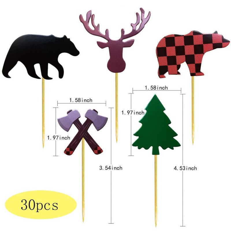 ALISSAR 30-Pack Lumberjack Cupcake Toppers, Buffalo Plaid Baby Bear Tree